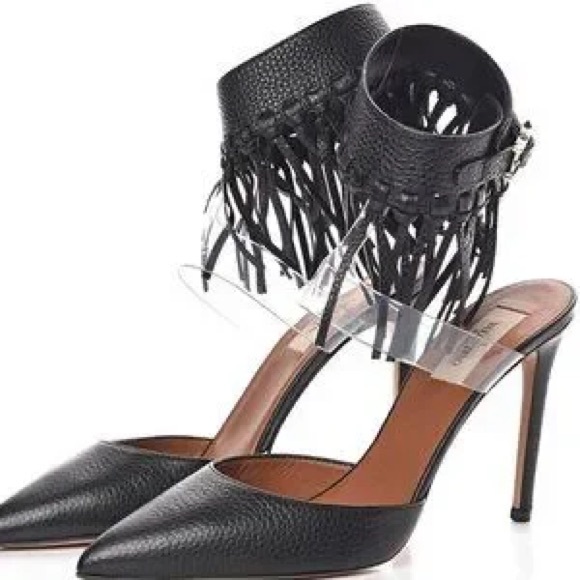 Valentino Garavan Grained Calfskin Illusion Fringe Ankle Wrap Pumps 38.5 Black